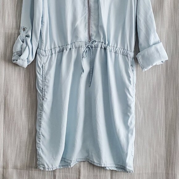 CALVIN KLEIN Chambray Denim Shirt Dress Roll-up Sleeve Zip Up Drawstring *READ - Picture 2 of 10